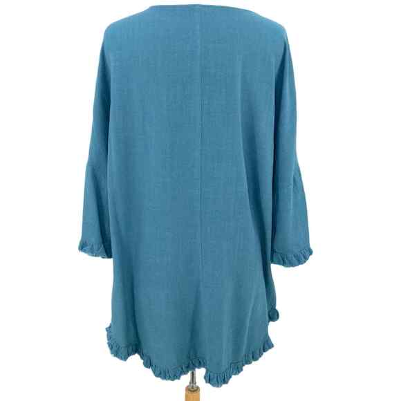 Umgee Blouse Womens Small Blue Linen Cotton Raw Edge Hem Ladies Tunic Top Hi Low - Picture 3 of 8